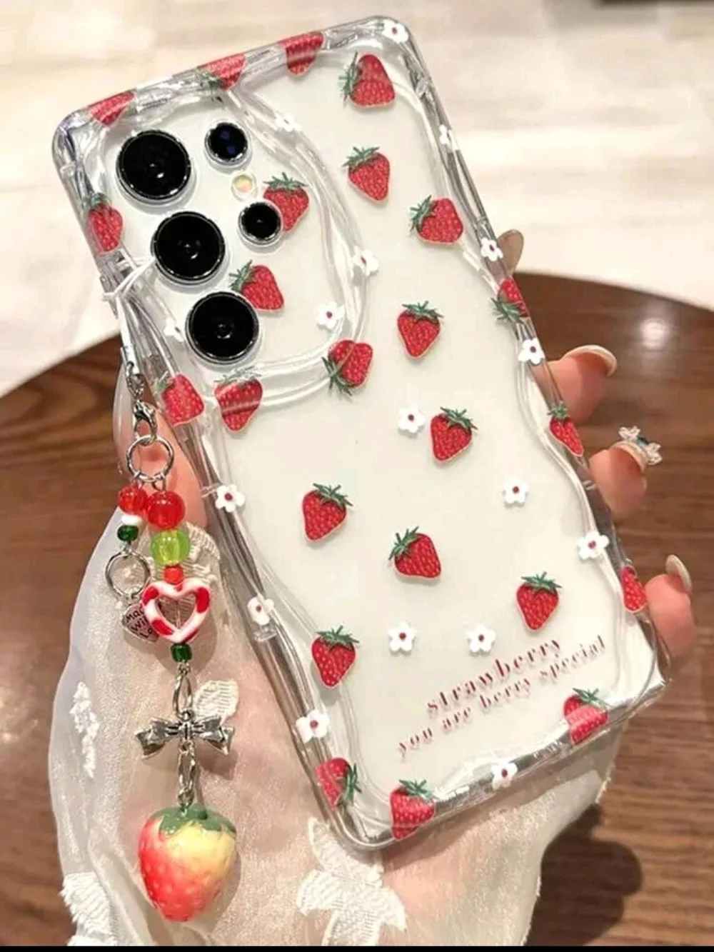 Clear Strawberry Pattern Phone Case with Charm  iphone17pro